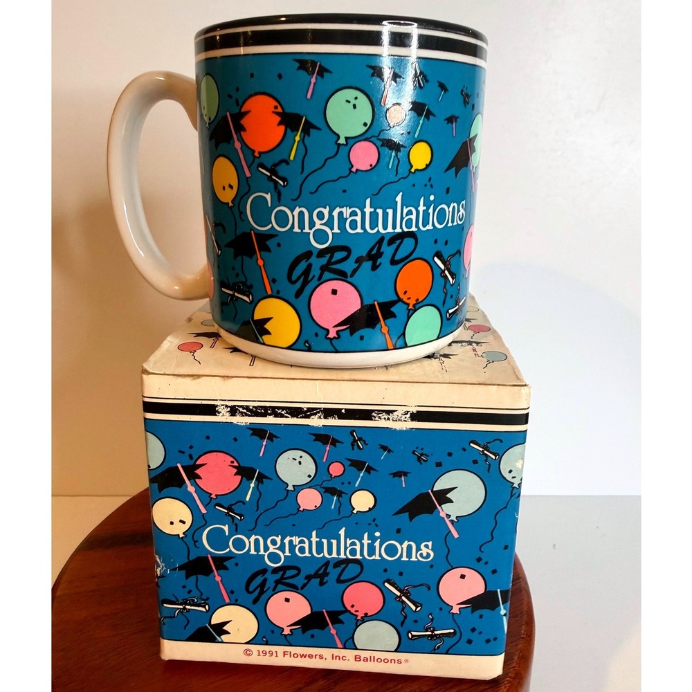 =NOS Vintage 1991 Congratulations Grad Flowers Inc Balloon Stoneware Mug Box